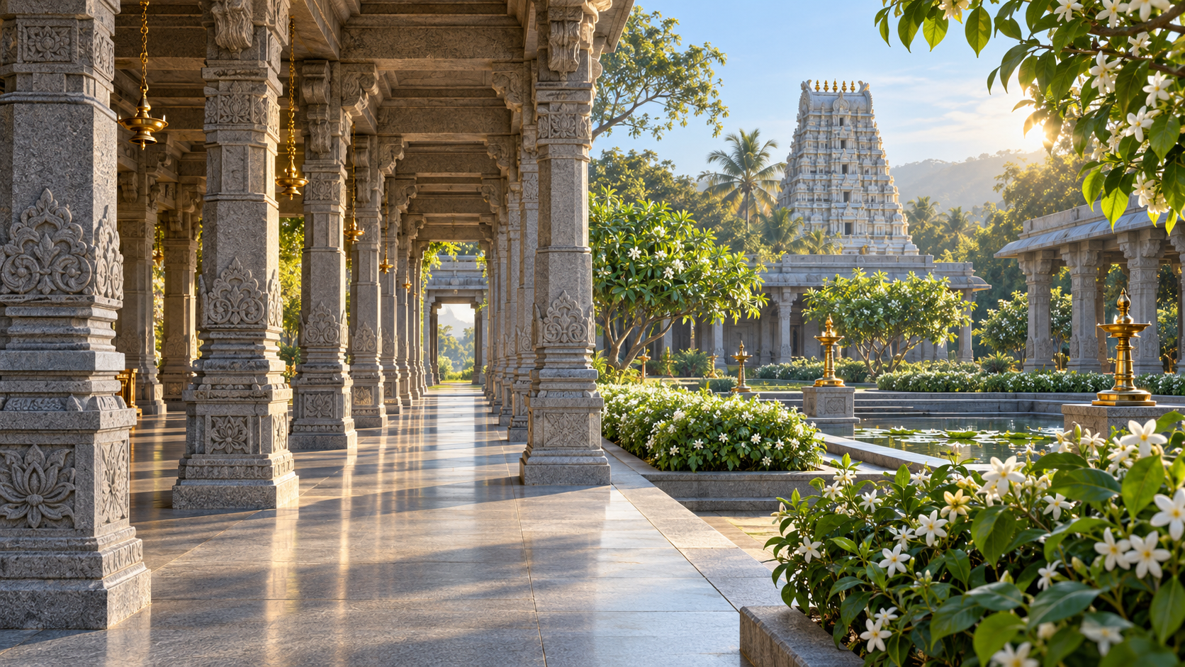 அமைதியான, அனைவரையும் வரவேற்கும் திருக்கோயில் சூழலுக்கான வடிவமைப்புச் சிந்தனை.