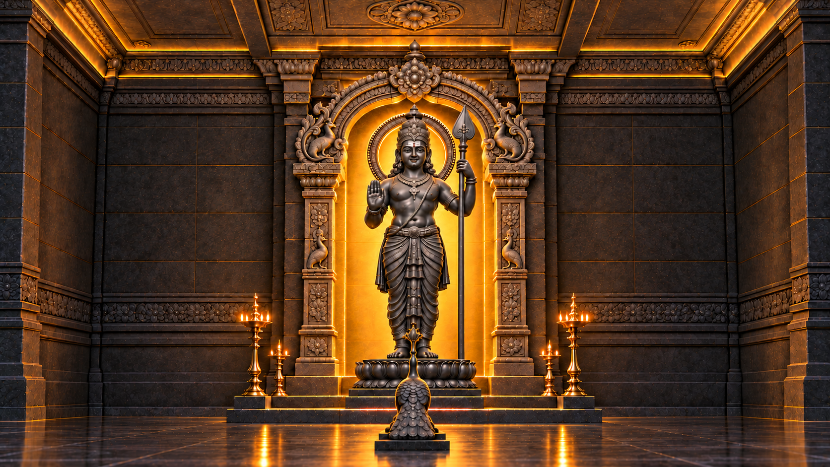 தனிக் கற்சன்னதியில் அருள் புன்னகை, வேல், மயிலுடன் ஸ்ரீ ஓங்கார முருகன்